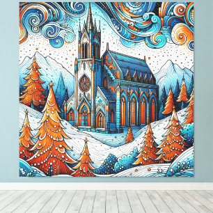Whimsical Church with Christmas Trees Canvas Print