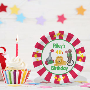 Whimsical Circus Animals Striped Star Border Paper Plate