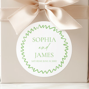 Whimsical Citrus Green Wavy Border Wedding Classic Round Sticker
