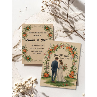 Whimsical Citrus Orange Grove Watercolor Couple  Invitation