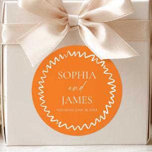 Whimsical Citrus Orange Wavy Border Wedding Classic Round Sticker