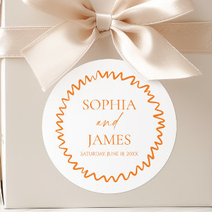 Whimsical Citrus Orange Wavy Border Wedding Classic Round Sticker