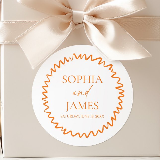 Whimsical Citrus Orange Wavy Border Wedding Classic Round Sticker (Creator Uploaded)