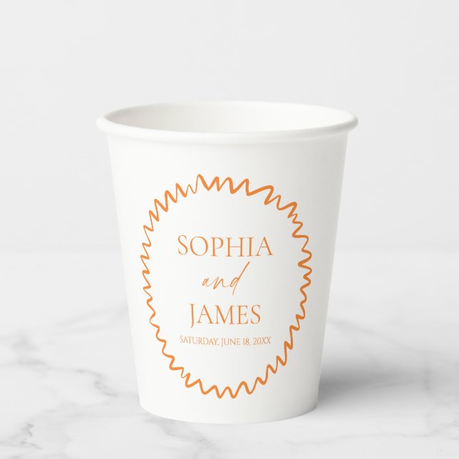 Whimsical Citrus Orange Wavy Border Wedding Paper Cups (Front)