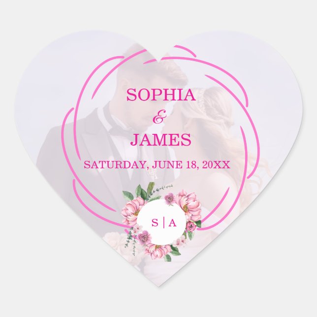 Whimsical Citrus Pink & flower Wedding  Sign Heart Sticker (Front)