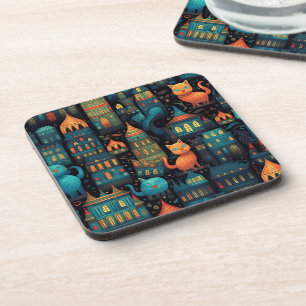 Whimsical City Cats AI Art Coaster