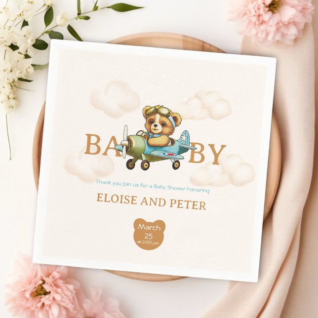 Whimsical clouds Aeroplane Pilot Teddy Bear Napkin (Whimsical clouds Airplane Pilot Teddy Bear Napkins
)