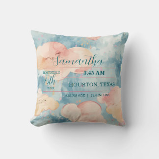 Whimsical Clouds Baby Girl Custom Birth Stats Cushion