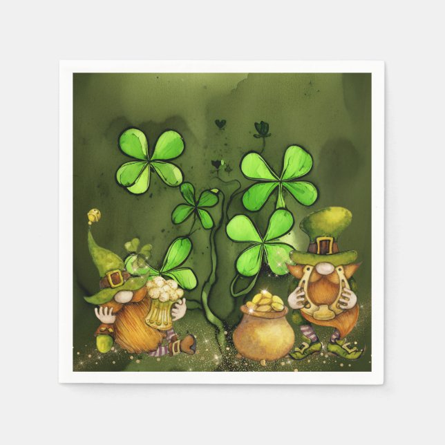 Whimsical Clovers and Irish Leprechaun Gnomes Napkin (Front)