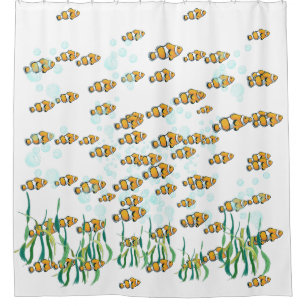 Whimsical Clown Fish Bubbles and Seaweed Artwork Shower Curtain
