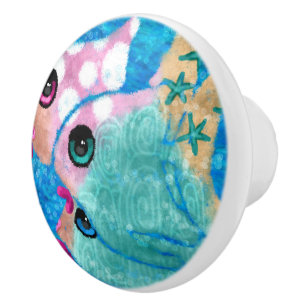 Whimsical Coastal Fish Beach Nautical Teal Pink Ceramic Knob