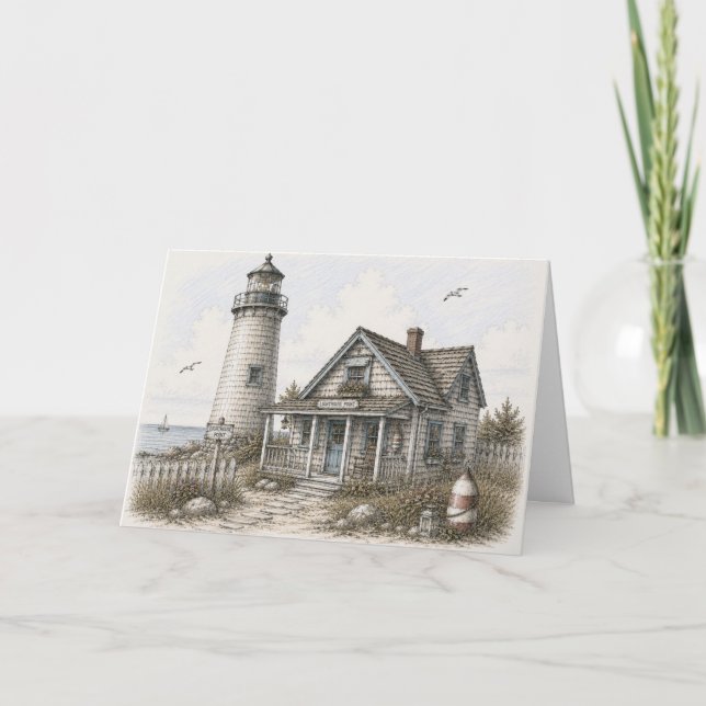 Whimsical Coastal Lighthouse Harbour Illustration Card (Front)