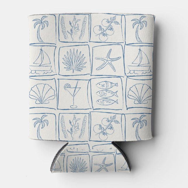 Whimsical Coastal Mediterranean Tile Linen Cobalt Can Cooler (Front)