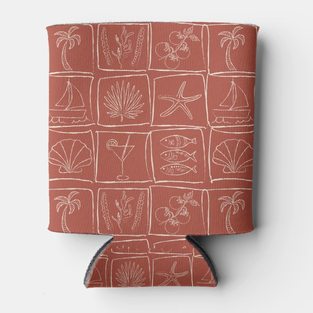 Whimsical Coastal Mediterranean Tile Terracotta Can Cooler (Front)