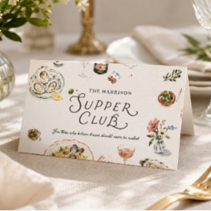 Whimsical Coastal Supper Club Watercolor Place Card