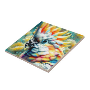 Whimsical Cockatoo Bird Yellow Poppies Floral  Tile