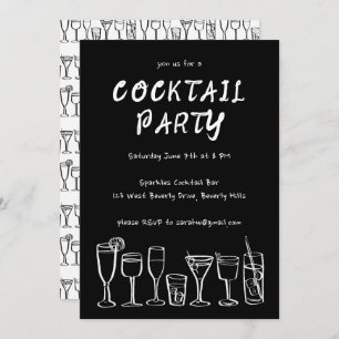 Whimsical Cocktail Drinks Custom Birthday Party BW Invitation