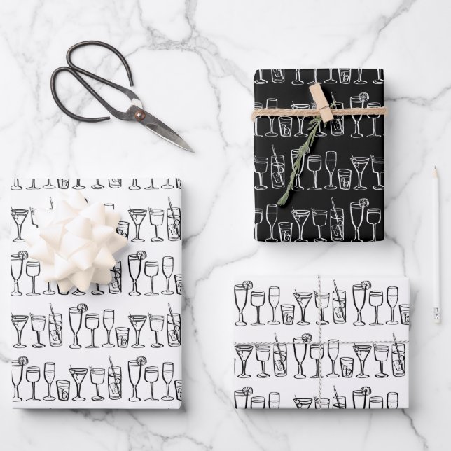 Whimsical Cocktail Drinks Wine Party B&W Gift Wrapping Paper Sheet (Front)