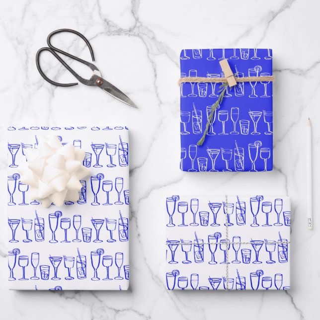 Whimsical Cocktail Drinks Wine Party Blue Gift Wrapping Paper Sheet (Front)