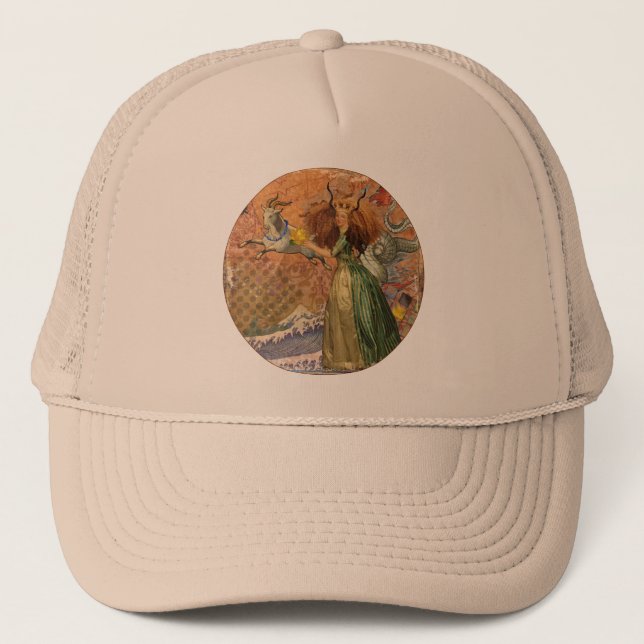 Whimsical Collage Capricorn Woman mixed media Trucker Hat (Front)