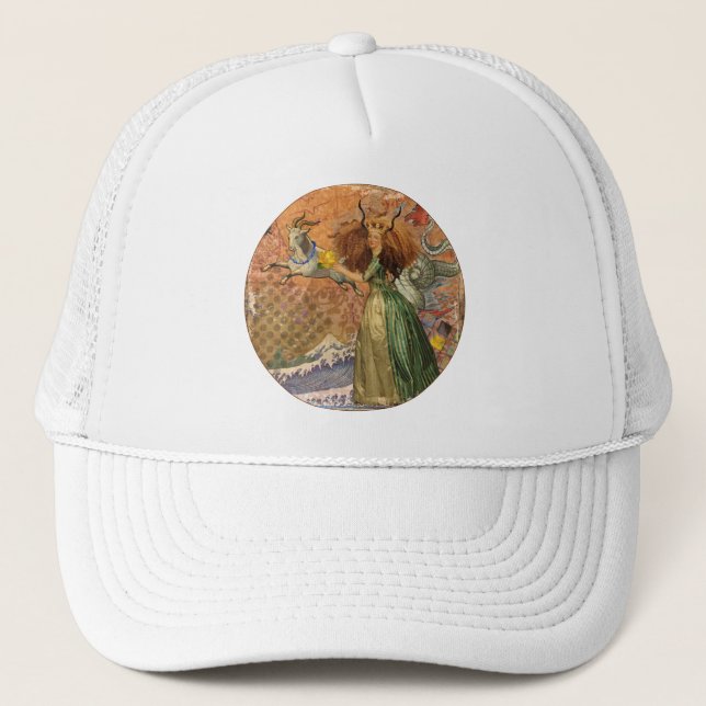 Whimsical Collage Capricorn Woman mixed media Trucker Hat (Front)