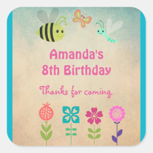 Whimsical Collection of Flowers and Bugs Birthday Square Sticker