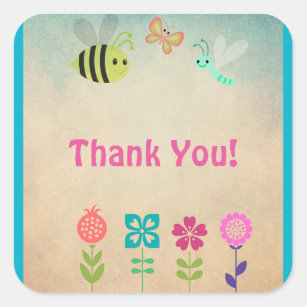 Whimsical Collection of Flowers and Bugs Thank You Square Sticker