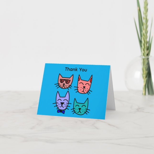 Whimsical Colorful Cats on Blue Thank You Card (Front)
