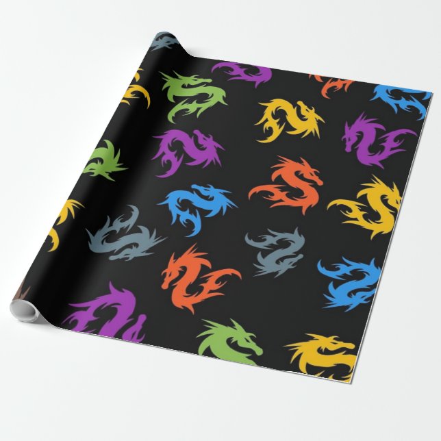 WHIMSICAL COLORFUL CHINESE DRAGON PATTERN WRAPPING PAPER (Unrolled)