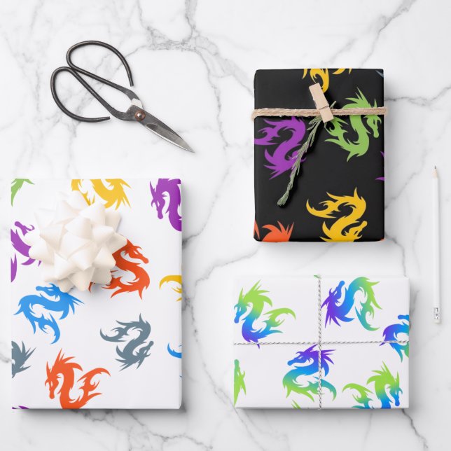 WHIMSICAL COLORFUL CHINESE DRAGON PATTERN WRAPPING PAPER SHEET (Front)