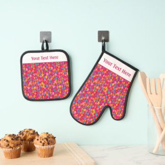 Whimsical Colorful Crayon Floral Doodles Pattern Oven Mitt & Pot Holder Set