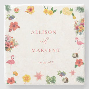 Whimsical Colorful Fun Tropical Flamingle Wedding Stone Coaster
