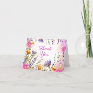 Whimsical Colorful Garden Flowers Faux Glitter Thank You Card