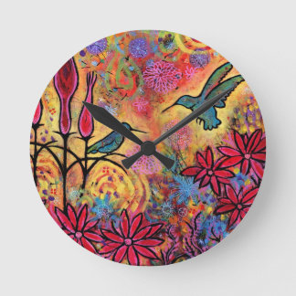 Whimsical, Colorful Hummingbird Fantasy Round Clock