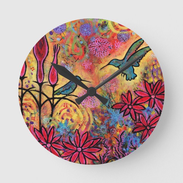 Whimsical, Colorful Hummingbird Fantasy Round Clock (Front)