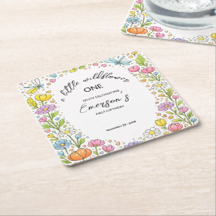 Whimsical Colorful Little Wildflower 1st Birthday  Square Paper Coaster