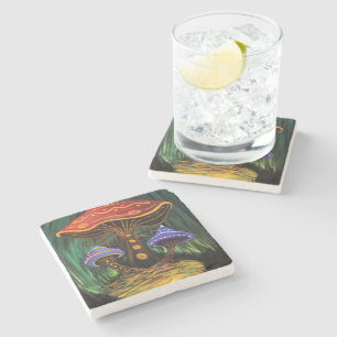 Whimsical Colorful Mushroom Cottagecore Charm Stone Coaster