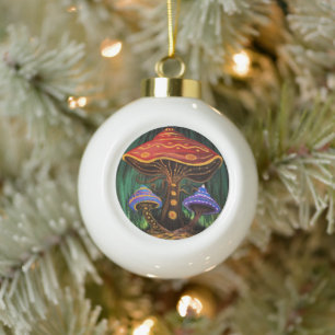 Whimsical Colorful Mushroom Cottagecore Magic Ceramic Ball Christmas Ornament