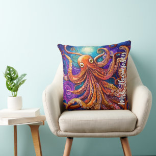 Whimsical Colorful Octopus with Personalized Name Cushion