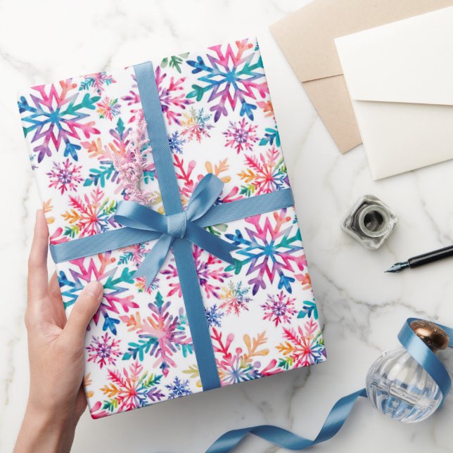 Whimsical Colorful Watercolor Snowflakes Holiday  Wrapping Paper (Gifting)