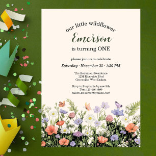 Whimsical Colorful Wildflower 1st Birthday Party Invitation