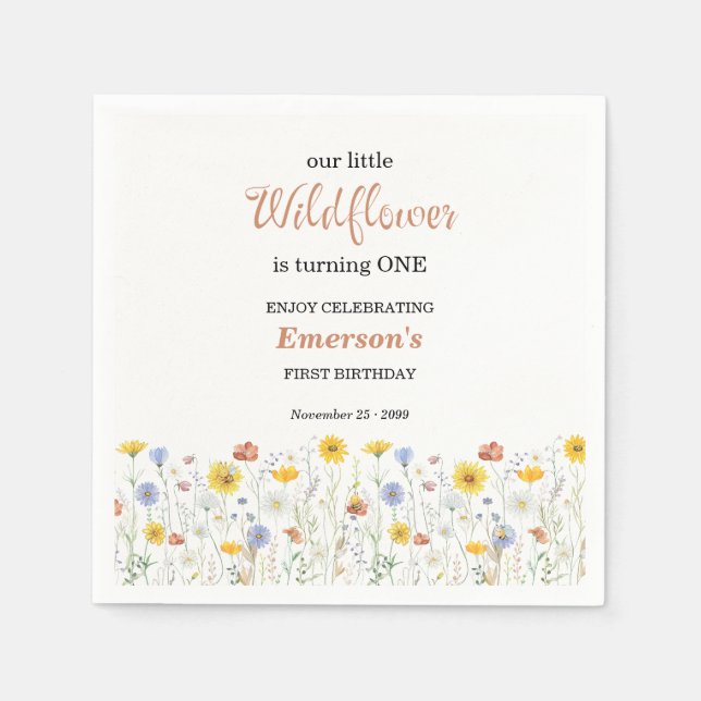 Whimsical Colorful Wildflower 1st Birthday Party Napkin (Front)