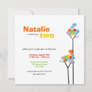 Whimsical Colour Dots Birds Tree Kids 2nd Birthday Invitation