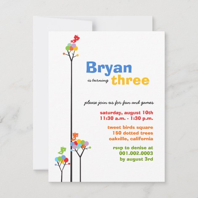 Whimsical Colour Dots Birds Tree Kids 3rd Birthday Invitation (Front)