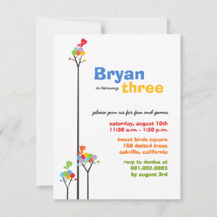 Whimsical Colour Dots Birds Tree Kids 3rd Birthday Invitation