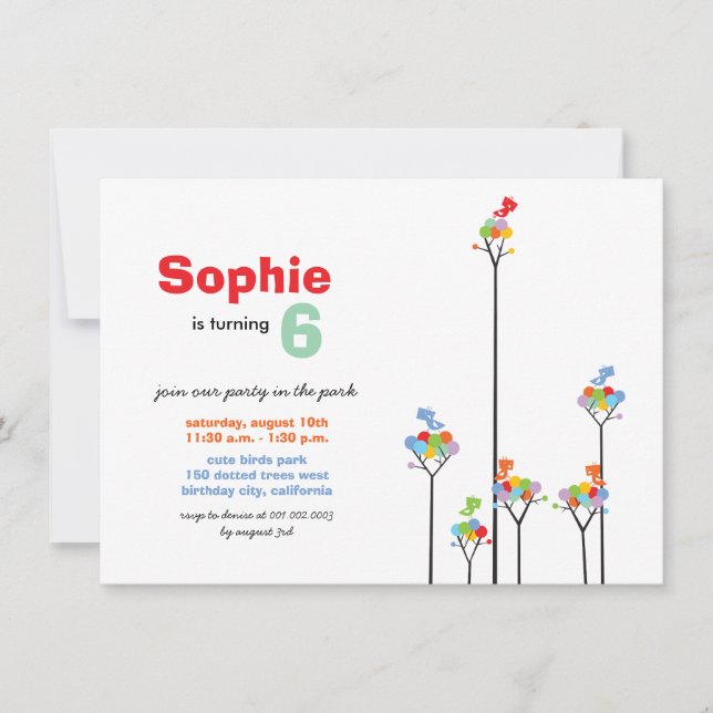 Whimsical Colour Dots Birds Tree Kids 6th Birthday Invitation (Front)