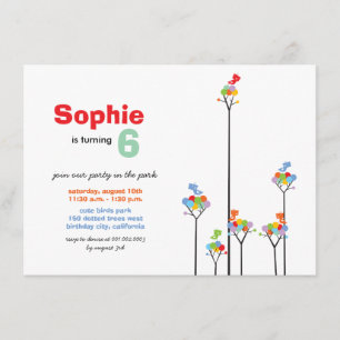 Whimsical Colour Dots Birds Tree Kids 6th Birthday Invitation