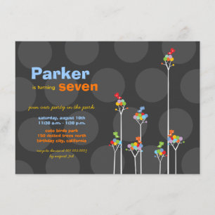 Whimsical Colour Dots Birds Tree Kids 7th Birthday Invitation
