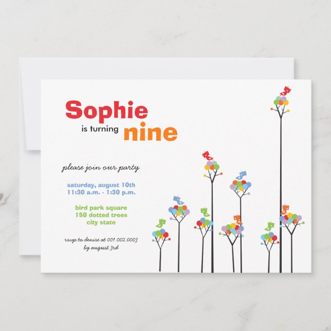 Whimsical Colour Dots Birds Tree Kids 9th Birthday Invitation (Front)