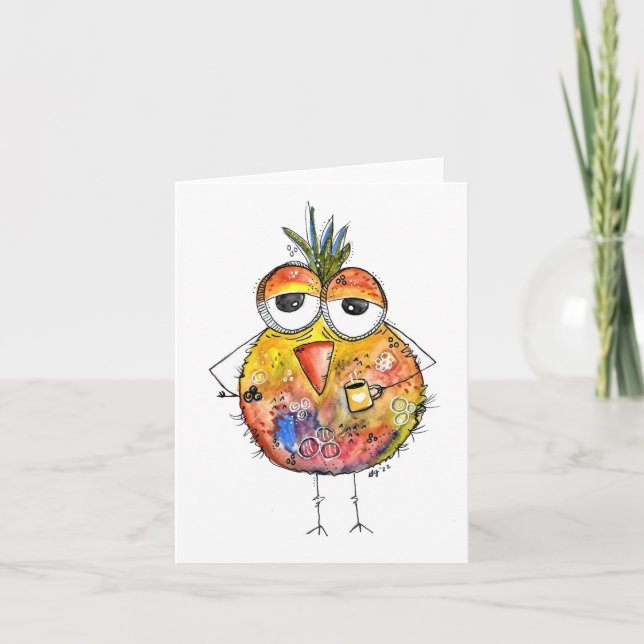 Whimsical Colourful Bird Drinking Coffee Card (Front)